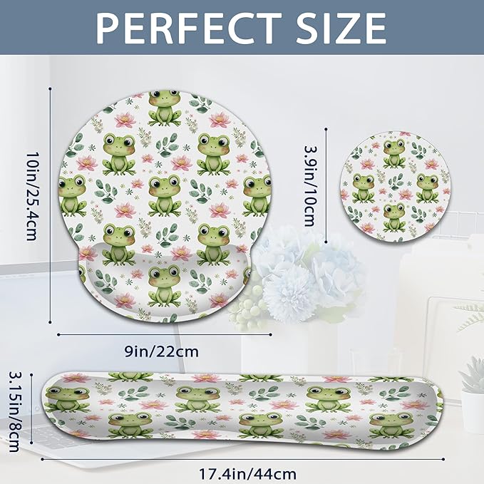 Cute Frog Wrist Rest Mouse Pad and Keyboard Support Set,Lotus Flower 3 in 1 Ergonomic Memory Foam Mousepad with Non Slip Base, Gaming Mouse Pad for Office and Home