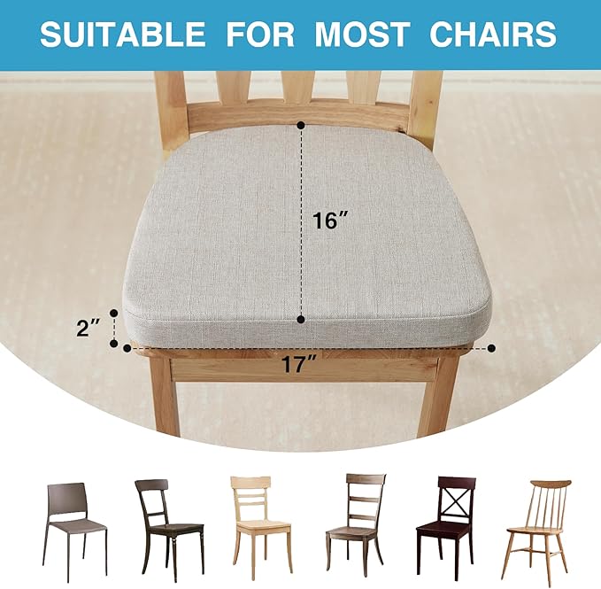 IASEAHK Chair Cushions for Dining Chairs Set of 2, Non Slip Kitchen Chair Pads, 17" x 16" x 2", Indoor Dining Chair Cushions with Ties, D-Shaped Seat Cushions for Kitchen Chairs, Beige