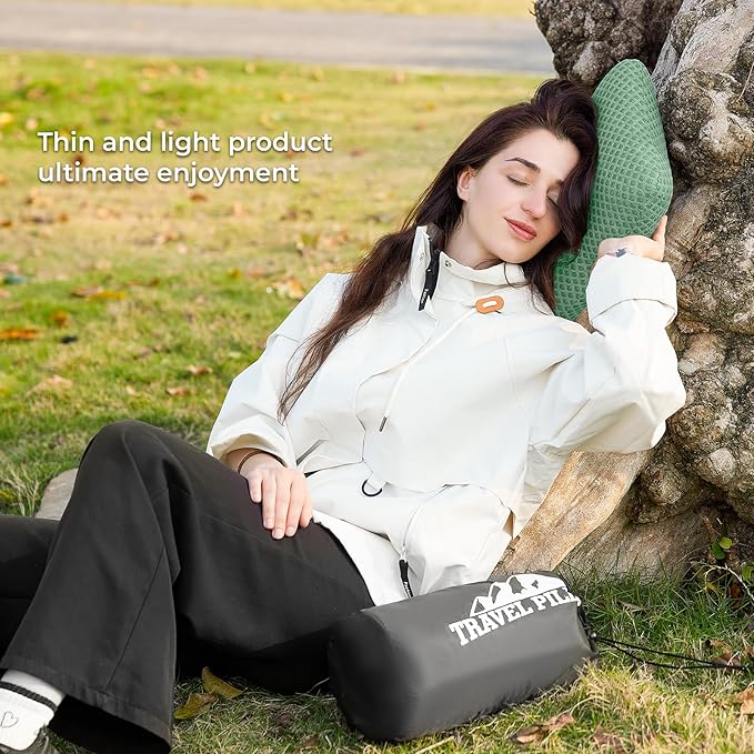 Travel Pillow Memory Foam Pillows, Camping Pillow-Compressible Medium Firm, Breathable Cover, Ideal Backpacking Hiking, Bed Pillows, Airplane and Car (Green, M)