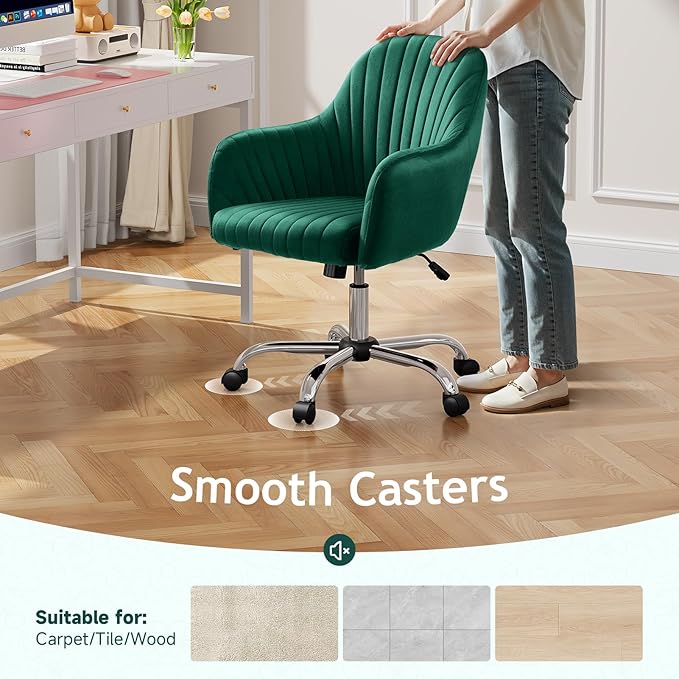 Warmiehomy Desk Chair, Velvet Office Chair, Comfy Reading Chair for Home Office, Women Luxe Computer Vanity Chair for Bedroom, Emerald Green