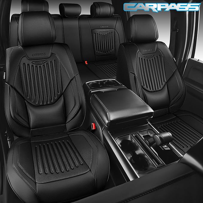 CAR PASS Luxury Nappa Leather Car Seat Covers Full Set, Lumbar Support Seat Covers for Car 5 Seats, Waterproof Car Seat Protector, Automotive Seat Covers Universal Fit for Most Sedans SUV Trucks Black