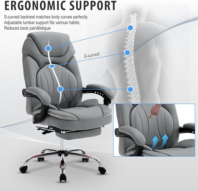 400lbs Ergonomic Reclining Office Desk Chairs with Footrest Back Support High Back Wide Seat Napping Recliner Executive Office Chairs PU Leather Big Tall Managerial Chairs (Grey)