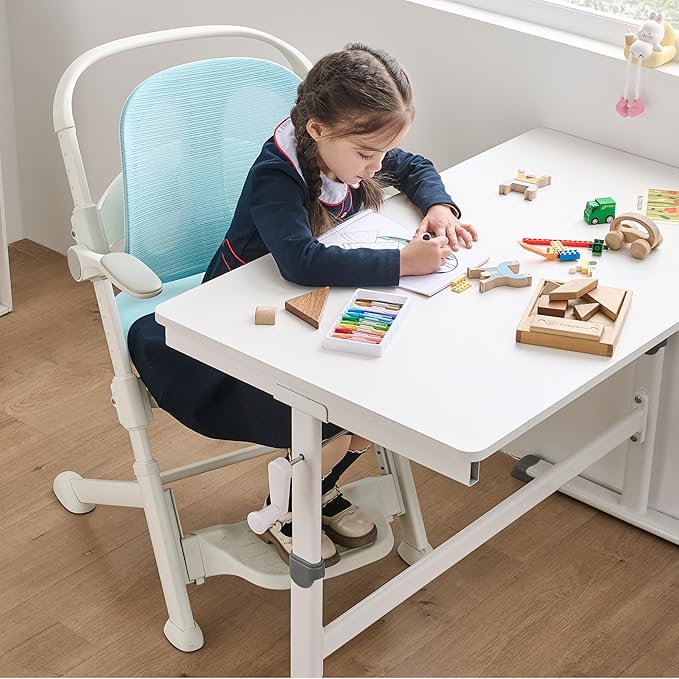 ERIYA Kids Desk Chair,Ergonomic Chair: Breathable Mesh Back, Adjustable Seat, Flip-Up Armrests, Footrest, Lumbar | Ideal for Kids, Petite Adults – Ultra-Comfy for Study/Work (Blue)