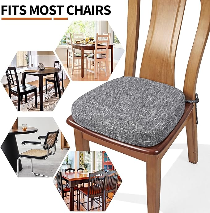 SINOSSO Thickened 2.5" Dining Chair Cushions, Soft Blended High Density Support Foam Kitchen Seat Cushions with Ties, U-Shaped Non-Slip Indoor Chair Pads, 16.5" x 16", 2 PCS, Light Gray