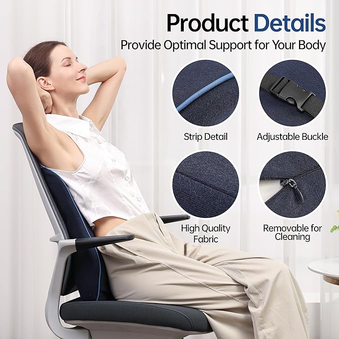 Lumbar Support Pillow for Office Chair Car Seat Gaming Chair, Memory Foam Back Support Pillow, Lumbar Cushion Back Cushion for Lower Back Pain Relief, Adjustable Strap Washable Cover-Navy Blue