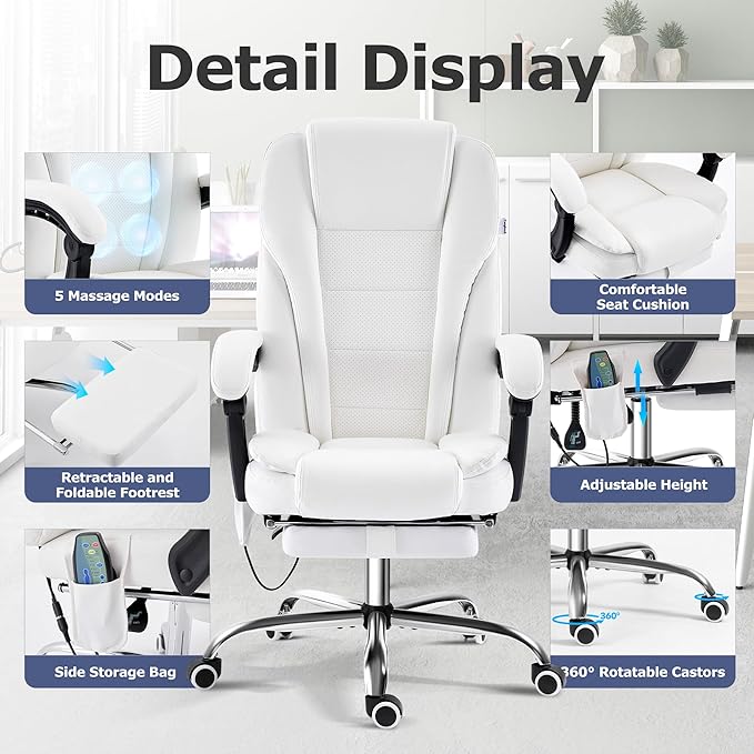 TonghuaS Massage Office Chair with Foot Rest Vibration and Heating, 90-130° Reclining Desk Chair, Ergonomic Reclining Computer Gaming Leather Chair(White)