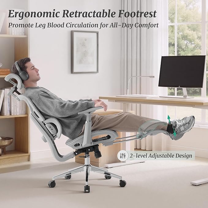 Cozyman Ergonomic Office Chair with Footrest - 5-Level Adjustable Lumbar Support & 90-135°Recline, 3D Headrest & 4D Armrests, Breathable Mesh Seat Computer Chair for Home Office, Gaming, Light Grey