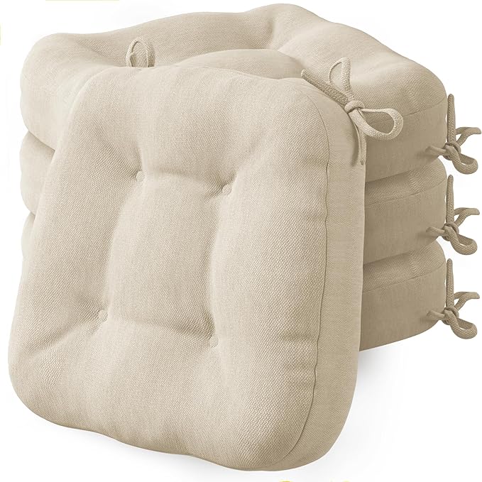 Codi Dining Chair Cushions 4 Pack, Thick Chairs Pads for Indoor Kitchen Room - Washable, Non-Slip Memory Foam Seat Cushion with Ties, 16.5"x16.5"x 3.5", Set of 4, Beige New