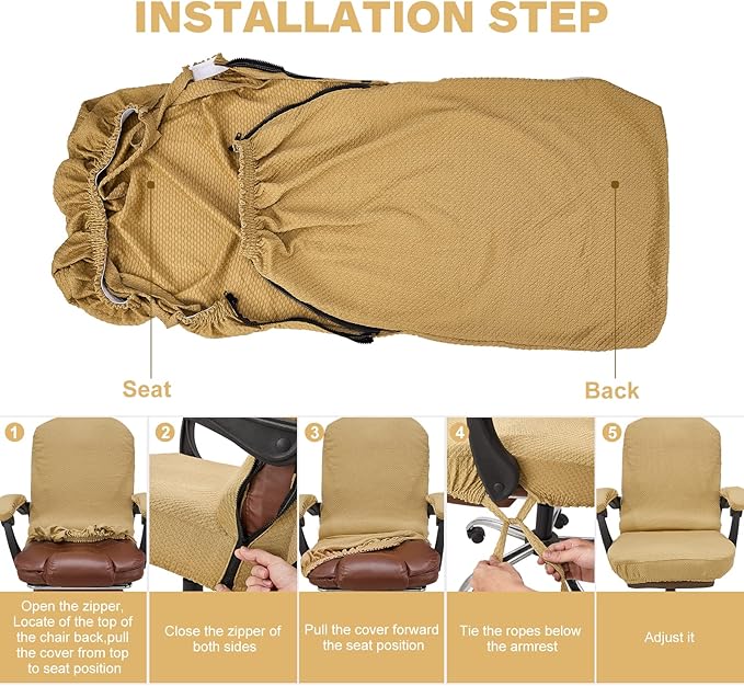 NeColorLife Stretchable Office Chair Cover with Armrest Covers - Thick Checked Jacquard High Back Desk Chair Slipcover for Rotating Chairs (Large Size, Camel)