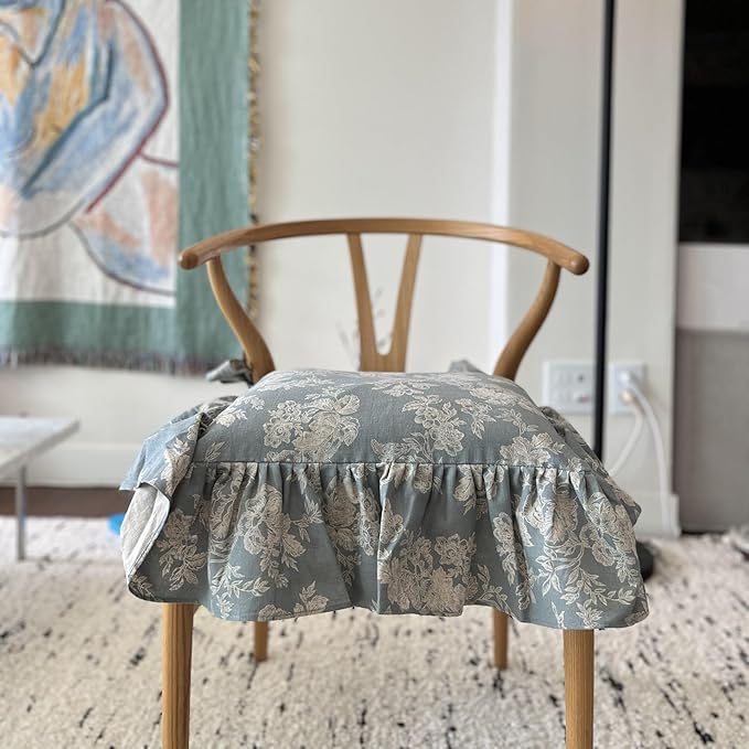 Korean Made Chair Pad Slipcover 17.5'x17.5' Chair Cushion Cover Ties with Ruffle Farmhouse Decor Covers Only, Gift for Mom(Mint Floral) Stocking Stuffer