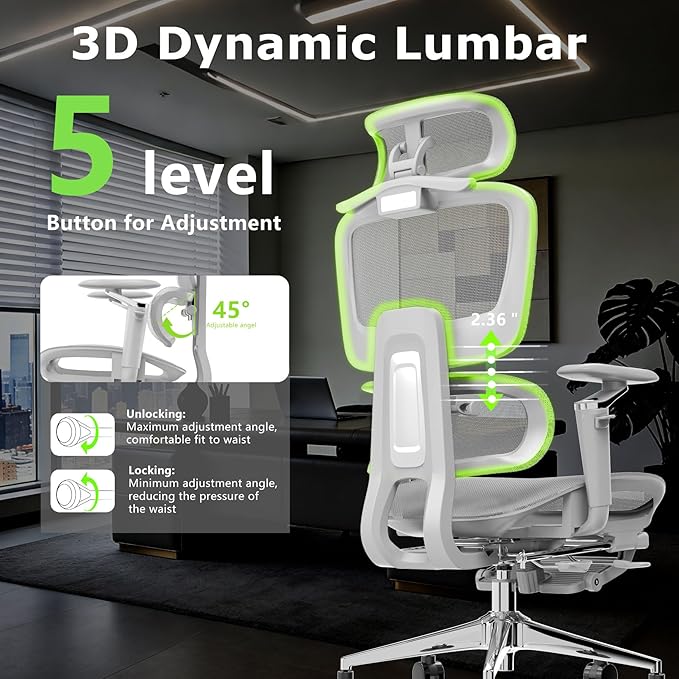 Ergonomic Office Chair with Footrest,High Back Mesh Desk Chair,Lumbar Support & 90-135°Recline,3D Headrest & 6D Armrests,Swivel Computer Chair for Home Office, Work & Gaming 1Pack