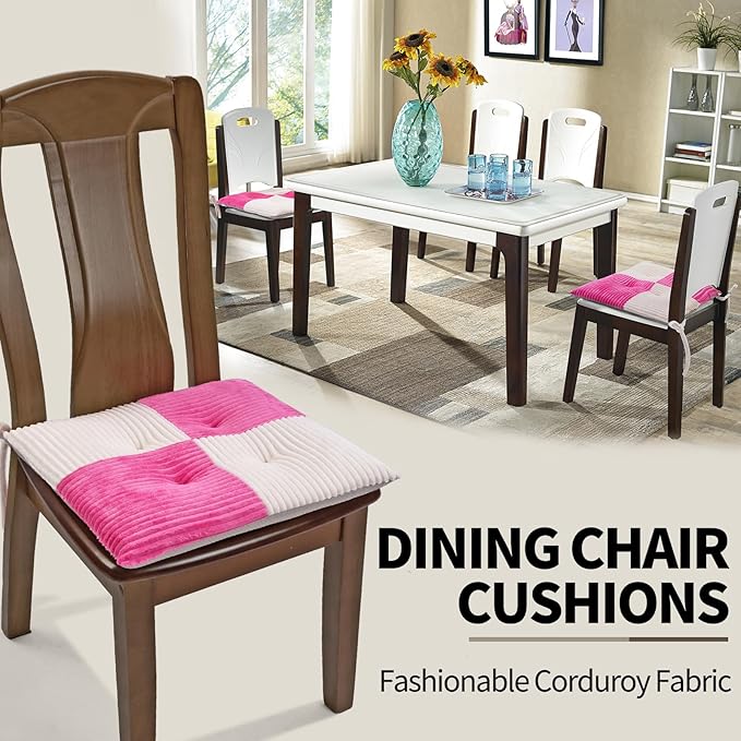 Office Stacking Chair Cushions 4 Pack, Corduroy High Density Foam Kitchen Seat Cushions with Ties, Square 17" x 17" Indoor Non-Slip Dining Chair Pads, White + Pink，4pcs