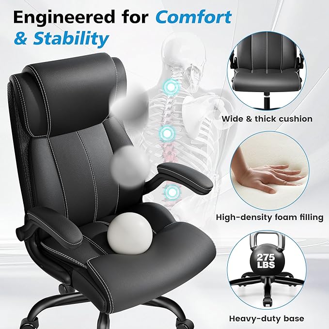Ergonomic Office Chair – High Back Executive Leather Desk Chair with Inflatable Lumbar Support for Back Pain, Heavy-Duty Computer Desk Chair for Long Workdays, Black