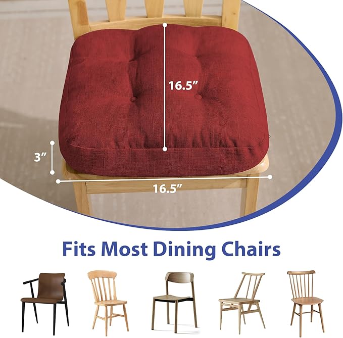 IASEAHK Chair Cushions for Dining Chairs, Dining Chair Cushions, Tufted Indoor Chair Pads with Ties & Non Slip Backing, Seat Cushions for Kitchen Chairs 16.5” x 16.5” x 3.5”, Set of 6, Red