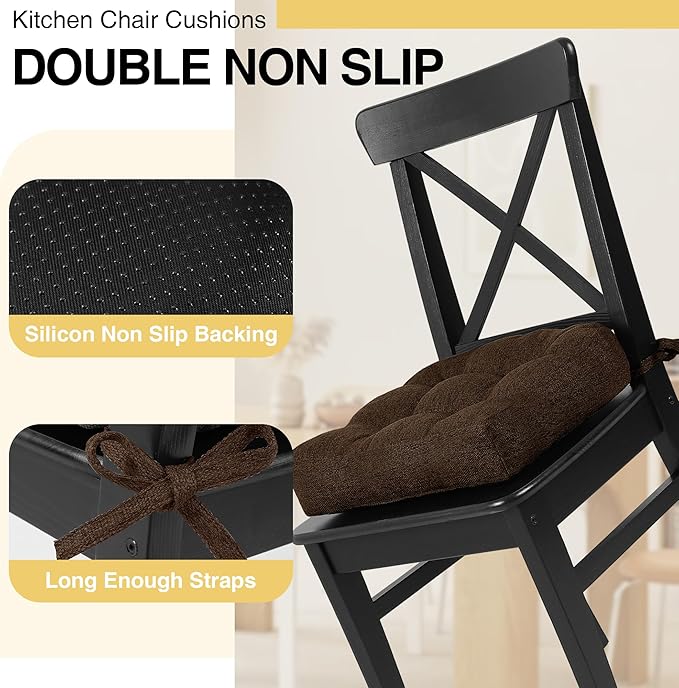 Tromlycs Chair Cushions for Dining Chairs Kitchen Seat Cushions Room Set of 4 Pads with Ties Indoor Non Slip Office 18 x 18 Inch, Dark Brown