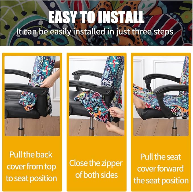 Smiry Stretch Printed Office Computer Chair Covers, Universal Desk Rotating Chair Slipcovers Removable Washable, Soft Fit Anti-Dust Spandex Protector Cover with Zipper, White