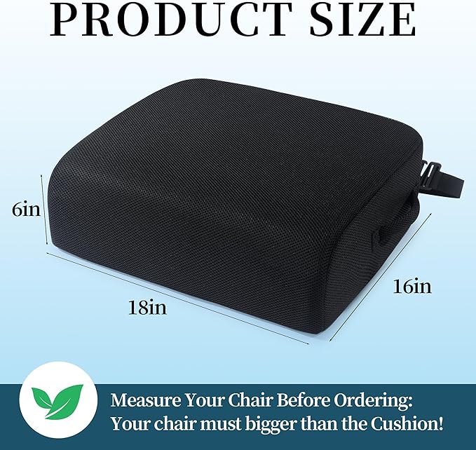 MABOZOO Extra Thick Chair Cushions,Office Chair Booster Seat Cushion to Raise Seat Height for Pain Relief,18 x 16 x 6 inch Non Slip Memory Foam Thick Cushion with Carry Handle（Black）