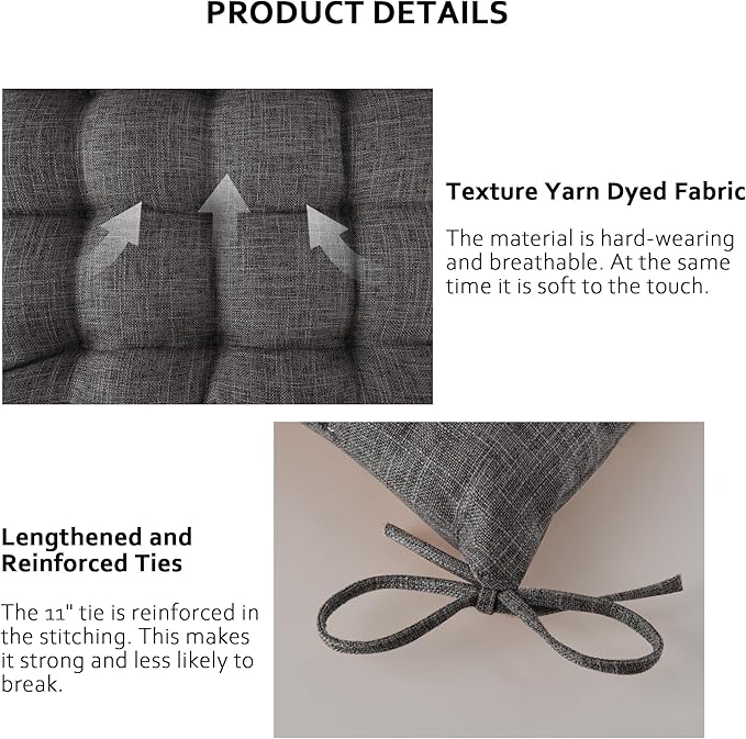 ELFJOY 4 Pack Chair Cushions for Dining Chairs Chair Pads Cushion for Kitchen Office Tufted Textured Square Seat Cushion with Ties (16" Dark Grey)