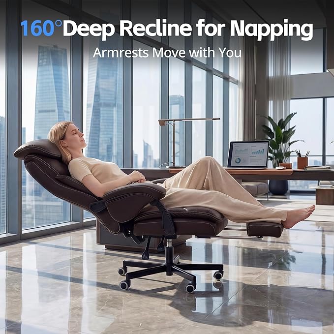 Ergonomic Executive Office Chair - Big and Tall Home Comfy Desk Gaming Chair for Adults, Heavy Duty Leather Reclining Wide Computer Chair with Foot Rest and Back Support (Brown)