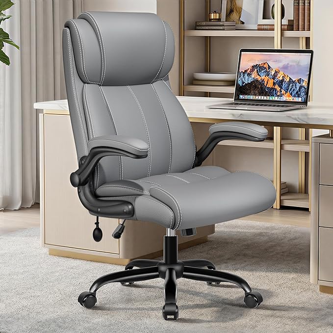 Ergonomic Office Chair – High Back Computer Desk Chair with Inflatable Lumbar Support & Flip-Up Arms, Heavy Duty PU Leather Executive Chair, Wide Seat, Long Hours, Light Gray