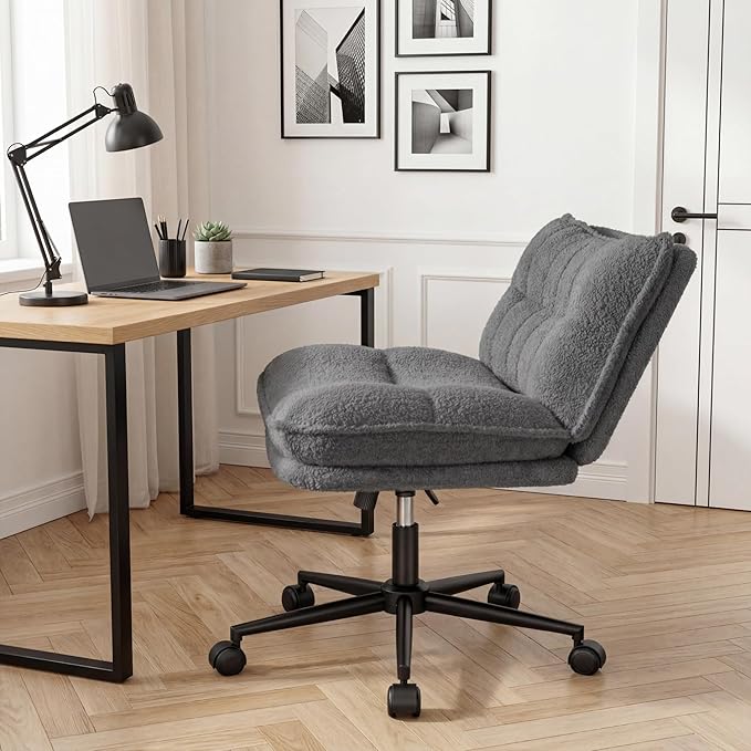 DurayLoly Criss Cross Chair with Wheels, Thick & Wide Cross Legged Office Chair with 95-120°Reclining Function, Armless Adjustable Swivel Task Chair for Bedroom, Home Office,Grey
