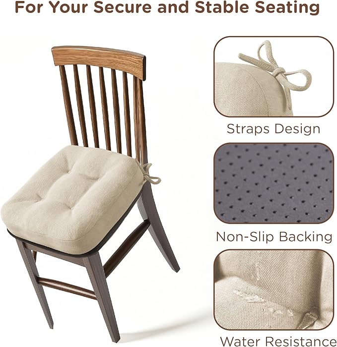Codi 6 Pack Dining Chair Cushions, Thick Chairs Pads for Indoor Kitchen Room - Washable, Non-Slip Memory Foam Seat Cushion with Ties, 16.5"x16.5"x 3.5", Set of 6, Beige New