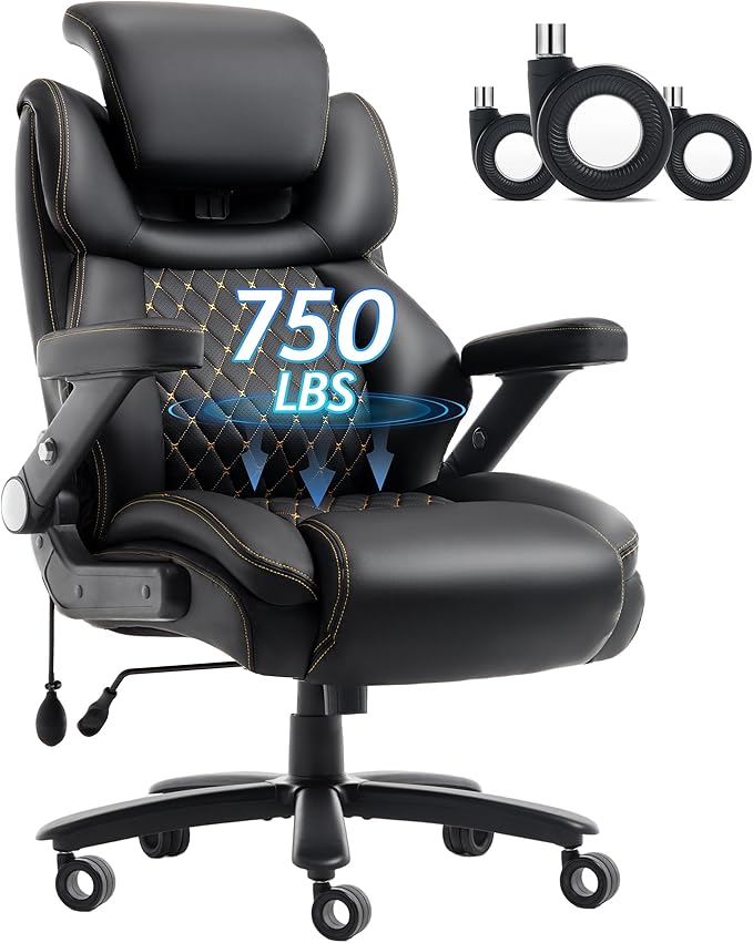 Big and Tall Office Chair 750lbs, Executive Office Chair with Adjustable Headrest&Lumbar Airbag Support, PU Leather High Back Heavy Duty Chair 5D Flip Arms, Ergonomic Thick Spring Cushion, All Black