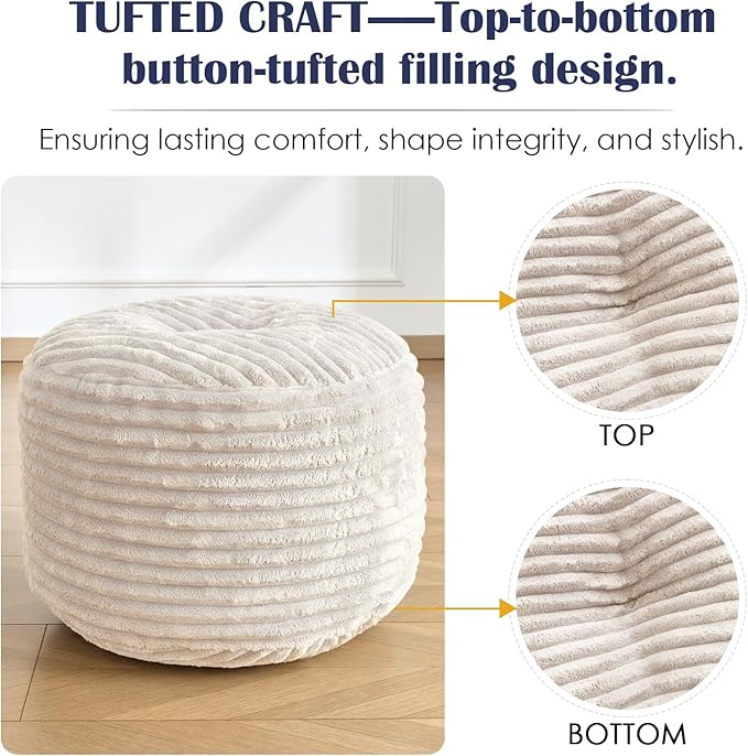 Round Ottoman,Corduroy Pouf Ottoman Foot Rest,Storage Footstool for Living Room,20x15 Soft Floor Poufs,Memory Foam Filling - Beige, 20x15 in