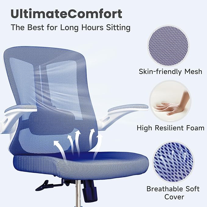 350 LBS Ergonomic Office Computer Mesh Chair - Adjustable Height Rolling Desk Chair with Flip-Up Armrests & High Back Support - Comfortable Swivel Task Chair for Home Office (02BLUE)