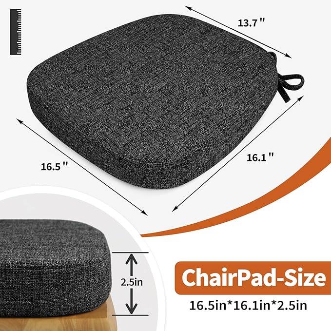 SINOSSO Thickened 2.5" Dining Chair Cushions, Soft Blended High Density Support Foam Kitchen Seat Cushions with Ties, U-Shaped Non-Slip Indoor Chair Pads, 16.5" x 16", 4 PCS, Black-Gray