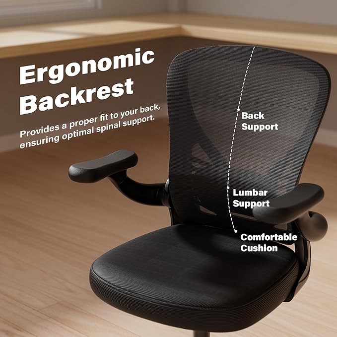 GYI Ergonomic Office Chair, Mesh Desk Chair with Adjustable Lumbar Support and 3D Flip-up Arms, Computer Chair with Wheels, Black