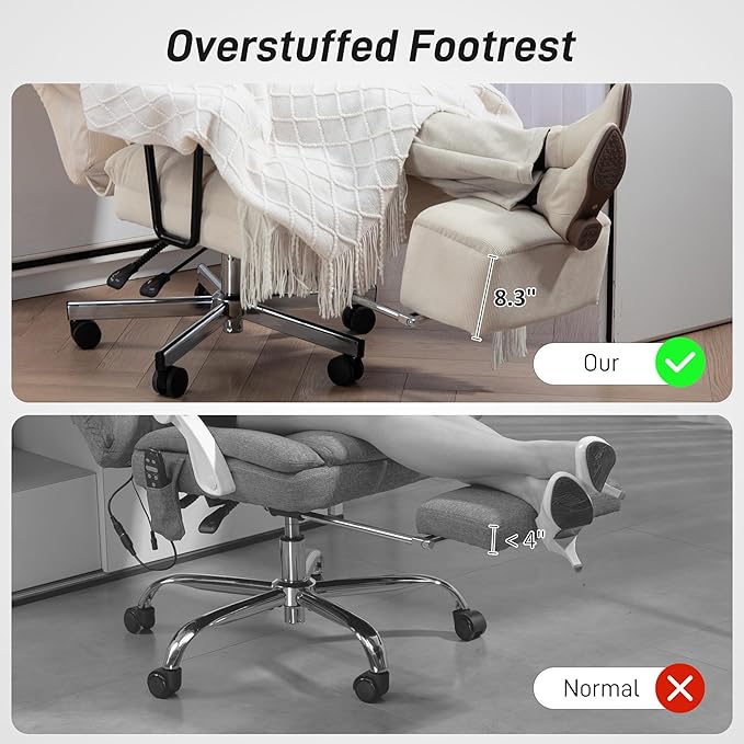 HOMCOM Large Overstuffed Office Chair with Lumbar Support, High Back Reclining Executive Corduroy Computer Desk Chair with Footrest, Swivel Wheels, Cream White