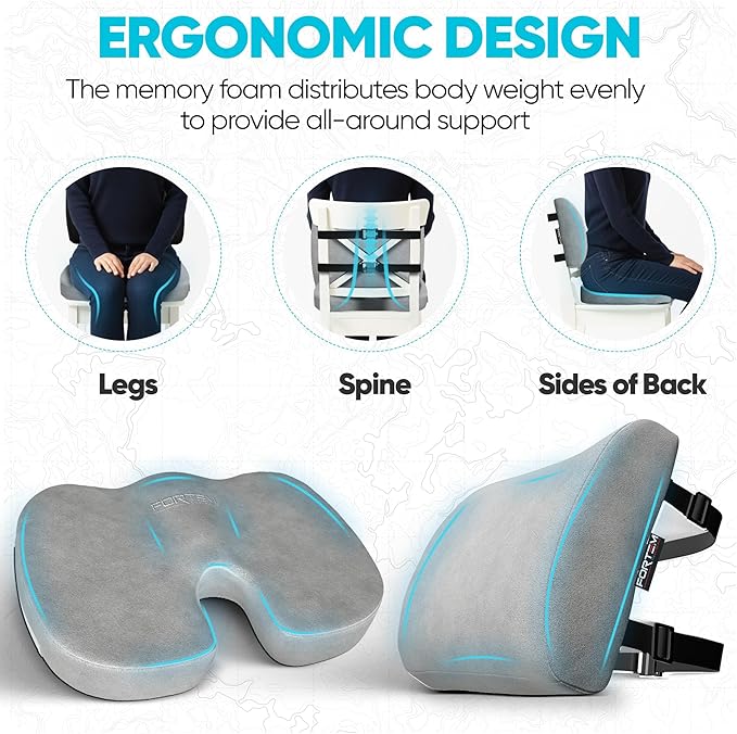 FORTEM Seat Cushion, Office Chair Cushion, Lumbar Support Pillow for Office Chair, Memory Foam Car Seat Cushions, Sciatica Coccyx Tailbone Pain Relief, Cushions for Back Support, Washable, Non Slip XL