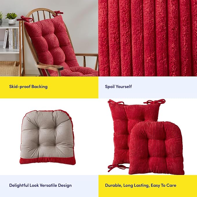 Rocking Chair Cushion Premium Tufted Pads Non Skid Slip Backed Crushed Velvet Cover Set of Upper and Lower with Ties, 21 in x 17 in | 17 in x 17 in, Velvet Red