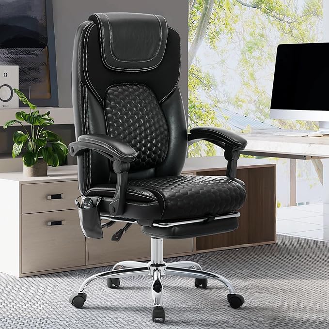MALOL Massage Office Chair with 3-Level Heat and Footrest – 20-Min Easy Assembly, 300 lbs Big and Tall Desk Chair, PU Leather Ergonomic Executive Computer Chair with Side Pocket, Black,Set of 2