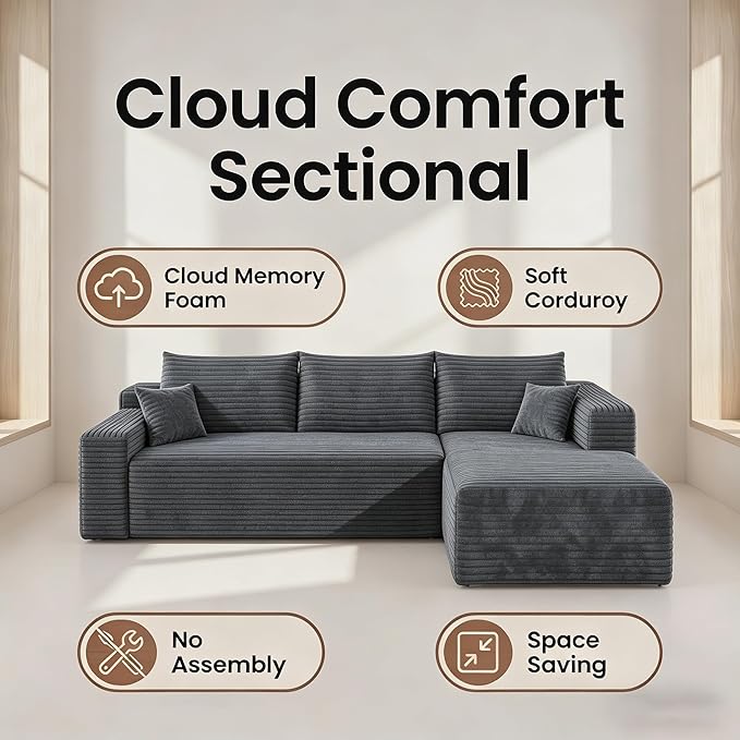 94" Boneless Couches with Right Facing Chaise for Living Room,Corduroy Sectional Couch,L-Shape Cloud Couches Compressed Memory Foam Cloud Sofa,No Assembly Required,Darkgrey