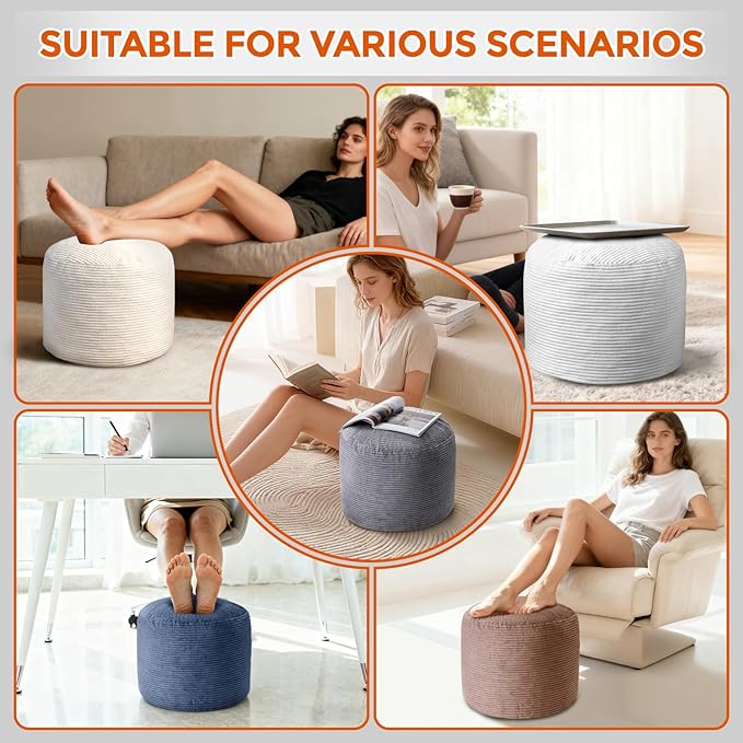 26" x 26" x 18" Pouf Ottoman Foot Rest, Pre-Stuffed Round Foot Stool with Odorless Shredded Memory Foam, Furry & Fluffy Corduroy Footrest for Living Room, Grey