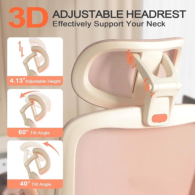 Ergonomic Office Chair with 4D Flip-Up Arms & Footrest, Mesh Desk Gaming Chair with 3D Headrest & 2D Floating Wing Lumbar Support, High Back Computer Chair for Home Office Vanity, Pink