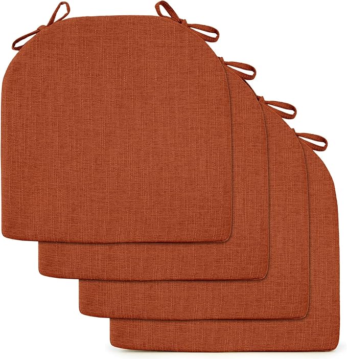 downluxe Indoor Chair Cushions for Dining Chairs, Soft and Comfortable Textured Foam Kitchen Chair Pads with Ties and Non-Slip Backing, 16" x 16" x 2", Orange, 4 Pack