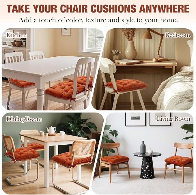 Nuanchu Memory Foam Chair Cushions Set of 4, Thick Indoor Seat Cushions for Dining Chairs Tufted Seat Pads for Kitchen, Dining Room, Office, (Orange,15.5"x15.5"x4")