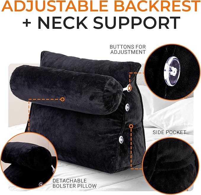 Cheer Collection Reading Wedge Pillow - Adjustable Wedge Reading Pillow with Neck Support, Hollow Fiber-Filled Backrest Pillow for Reading, Gaming, and TV Watching, Black