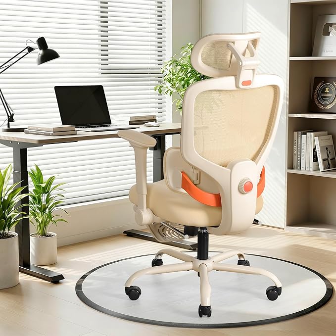 Ergonomic Office Chair with 4D Flip-Up Arms & Footrest, Mesh Desk Gaming Chair with 3D Headrest & 2D Floating Wing Lumbar Support, High Back Computer Chair for Home Office Vanity, Beige