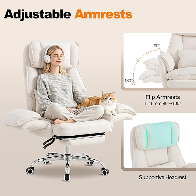 Okeysen Office Chair with Flip Armrests, Big and Tall Office Chair with Foot Rest & Lumbar Pillow, Wide Reclining Desk Chair for Cross Legged Sitting & Pets, Executive Ergonomic Computer Gaming Chair