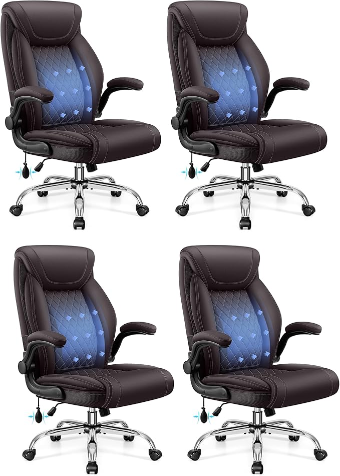 Office Chair, Big and Tall Ergonomic Desk Chair, Executive Leather Computer Chair with Adjustable Lumbar Support, Comfy Gaming Chair with Flip Up Arms, Swivel PC Chair with Rocking Function, Coffee