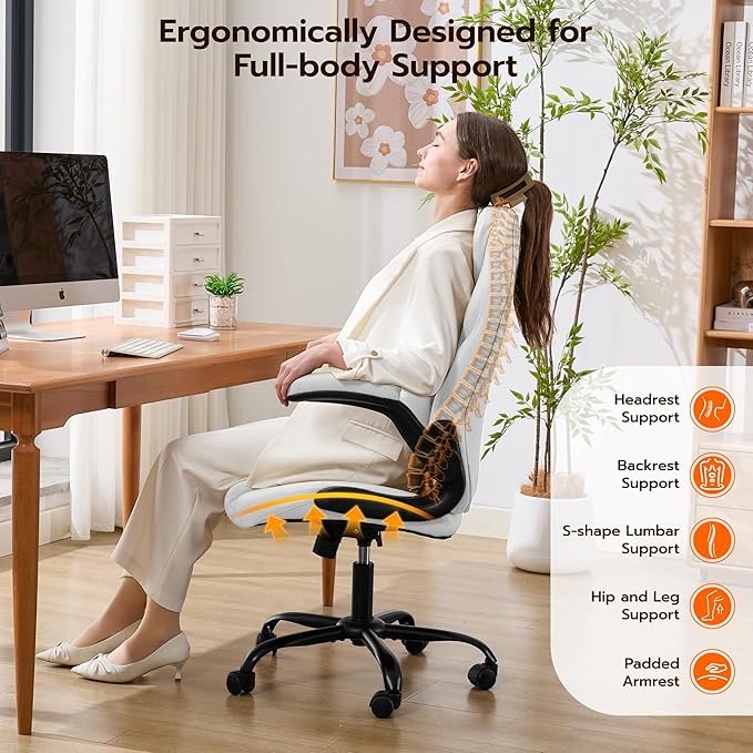 Ylzyxal Office Desk Chair, Ergonomic Computer Chair with Padded Flip-Up Arms and Adjustable Lumbar Support, PU Leather Executive Chair with Tilt Lock and 360° Swivel Rolling Wheels for Work, Study