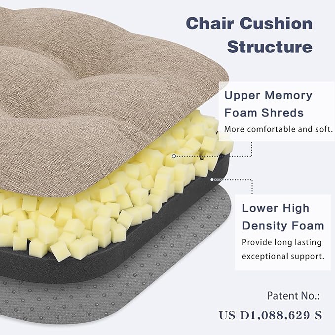 baibu Set of 2 Dining Chair Cushions, Dual-Layer Patent Design Memory Foam Kitchen Chair Cushions, Non-Slip Seat Pads with Ties, 16.5 x 16.5 x 3.5in, 2 Pack, Khaki