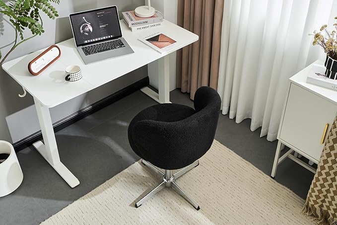 VINGLI Cute Small Swivel Desk Chair Comfy no Wheels,Ergonomic Low-Back Lumbar Support Vanity Nail Tech Computer Task Stool Chair for Home Office,Height Adjustable,Teddy Fleece,Black