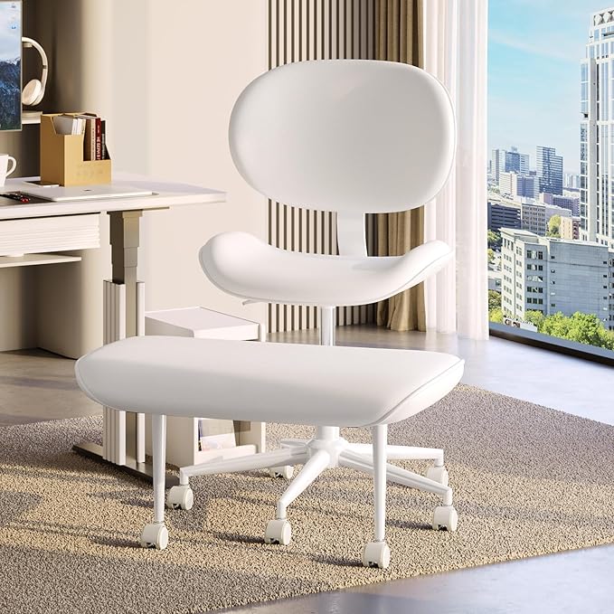 Pinmoco Cross-Legged Meditation Chair, ADHD Friendly Armless Office Chair with Footrest, PU Leather Wide Seat Desk Chair for Focus, Calm Sitting & Home Office, Off White