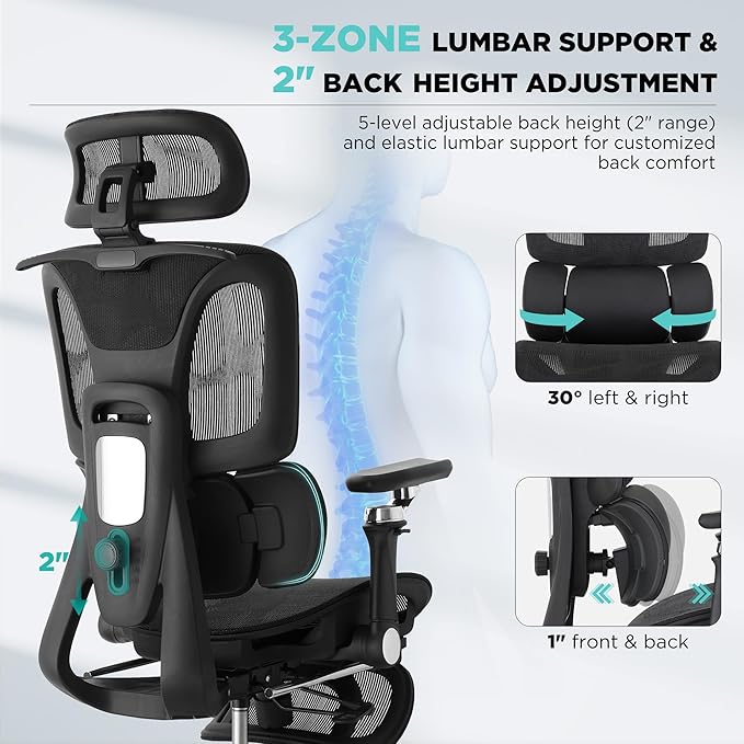 Ergonomic Office Chair with 3-Zone Dynamic Lumbar Support, Big and Tall Mesh Office Chair with Footrest, Adjustable Seat Depth,4D Headrest,6D Armrests, Swivel Executive Chair for Home Office,Black