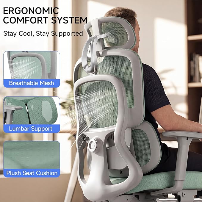 Ergonomic Office Chair with Footrest, 4D Armrests & Dynamic Lumbar Support, High Back Mesh Desk Chair with Adjustable Headrest, Reclining Computer Chair 380lbs for Long Hours (Green)